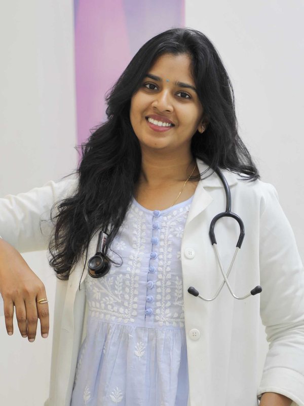 Dr. Vegi Devi Swapnika in a white coat